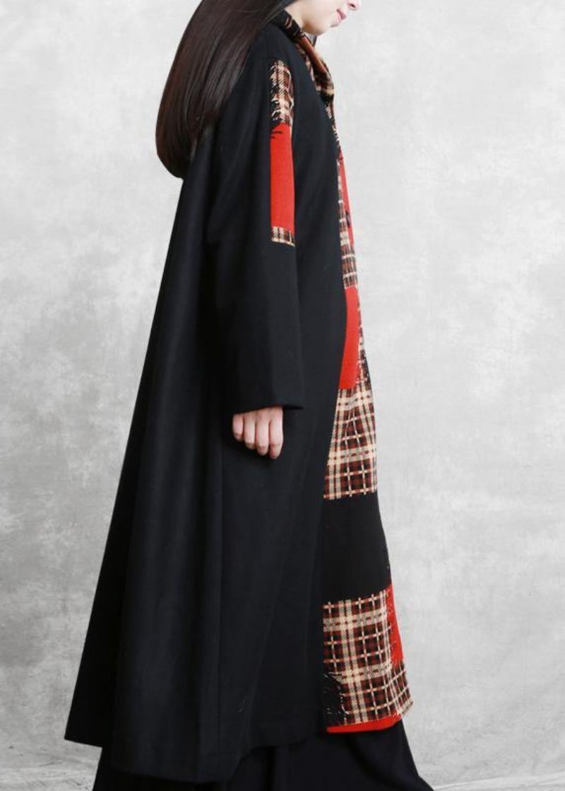 Boutique Oversized Lange Jakker Frakke Sort Plaid Hætte Patchwork Ulden Overfrakke - Dame trenchcoats