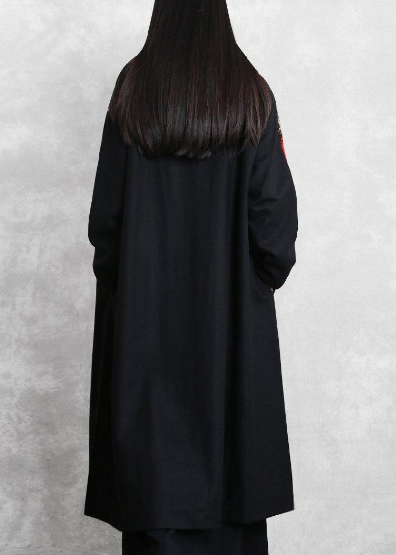 Boutique Oversized Lange Jakker Frakke Sort Plaid Hætte Patchwork Ulden Overfrakke - Dame trenchcoats
