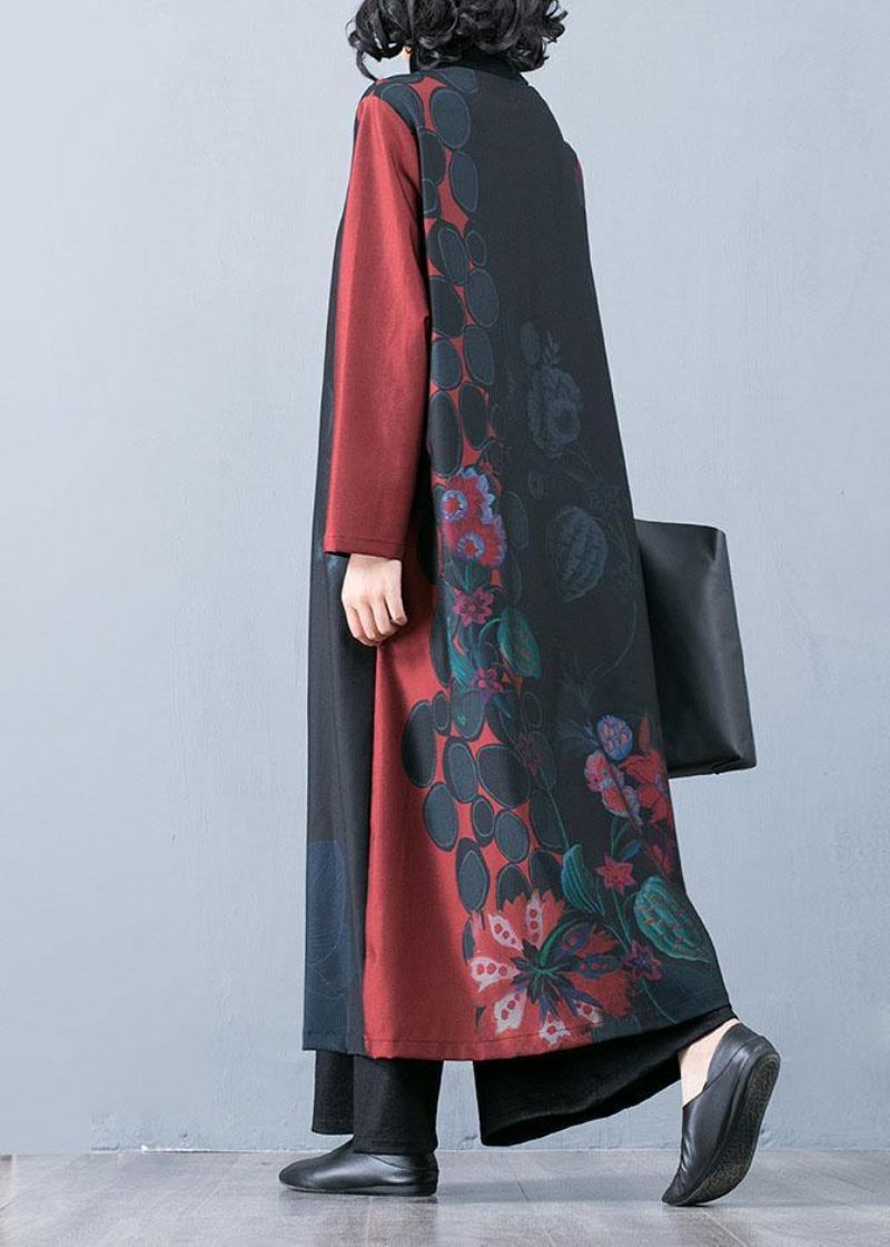 Boutique Oversized Rød Maxi Frakke Efterårs Trenchcoats Prints O Hals Kinesiske Knap Udtøj - Grøn