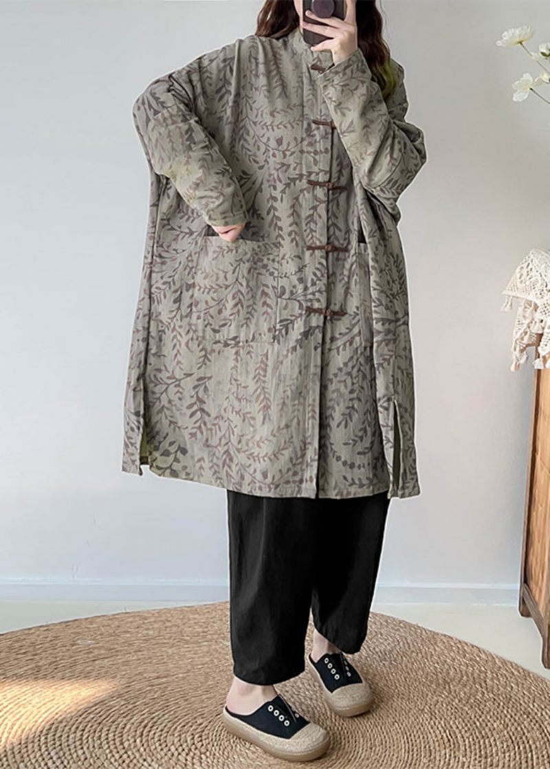 Casual Grøn Oversized Print Linen Coat Outwear Efterår - Dame trenchcoats