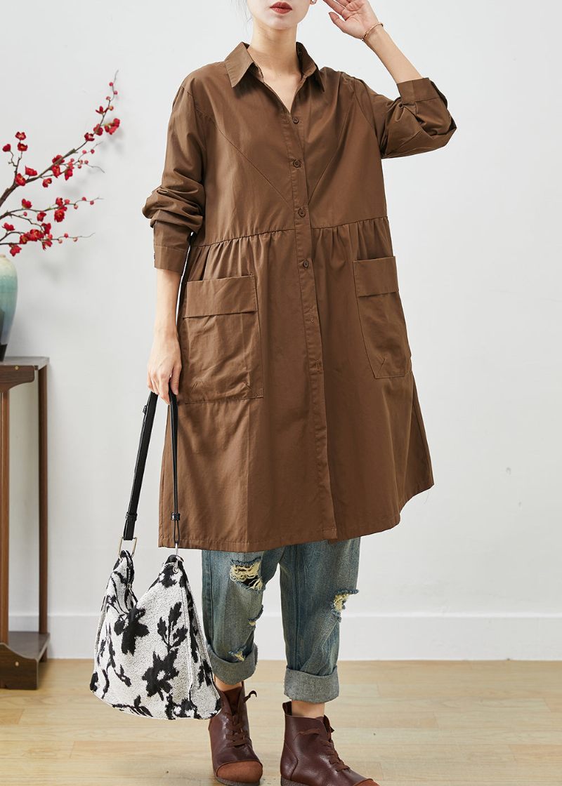 Coffee Patchwork Bomuldsskjortekjole Oversized Pocket Spring