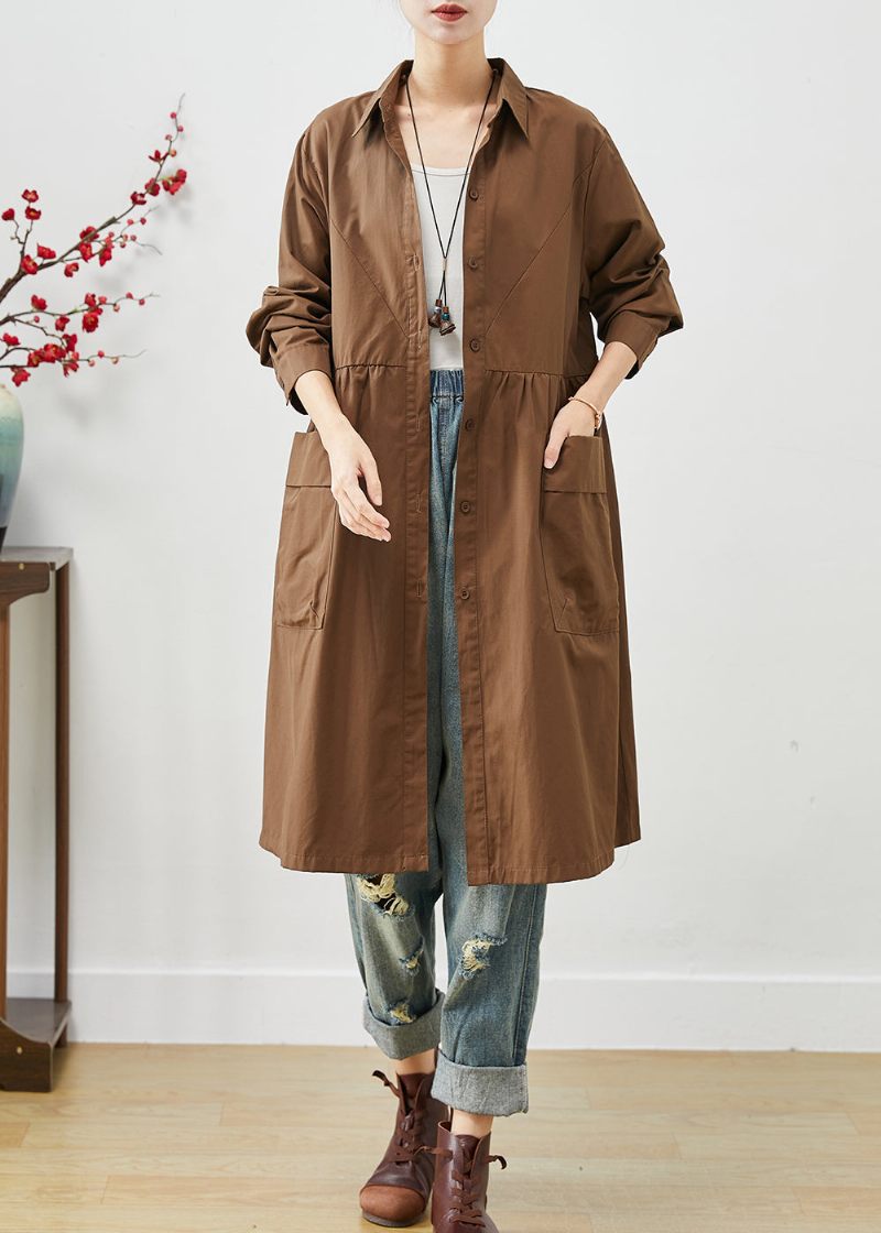 Coffee Patchwork Bomuldsskjortekjole Oversized Pocket Spring - Dame trenchcoats