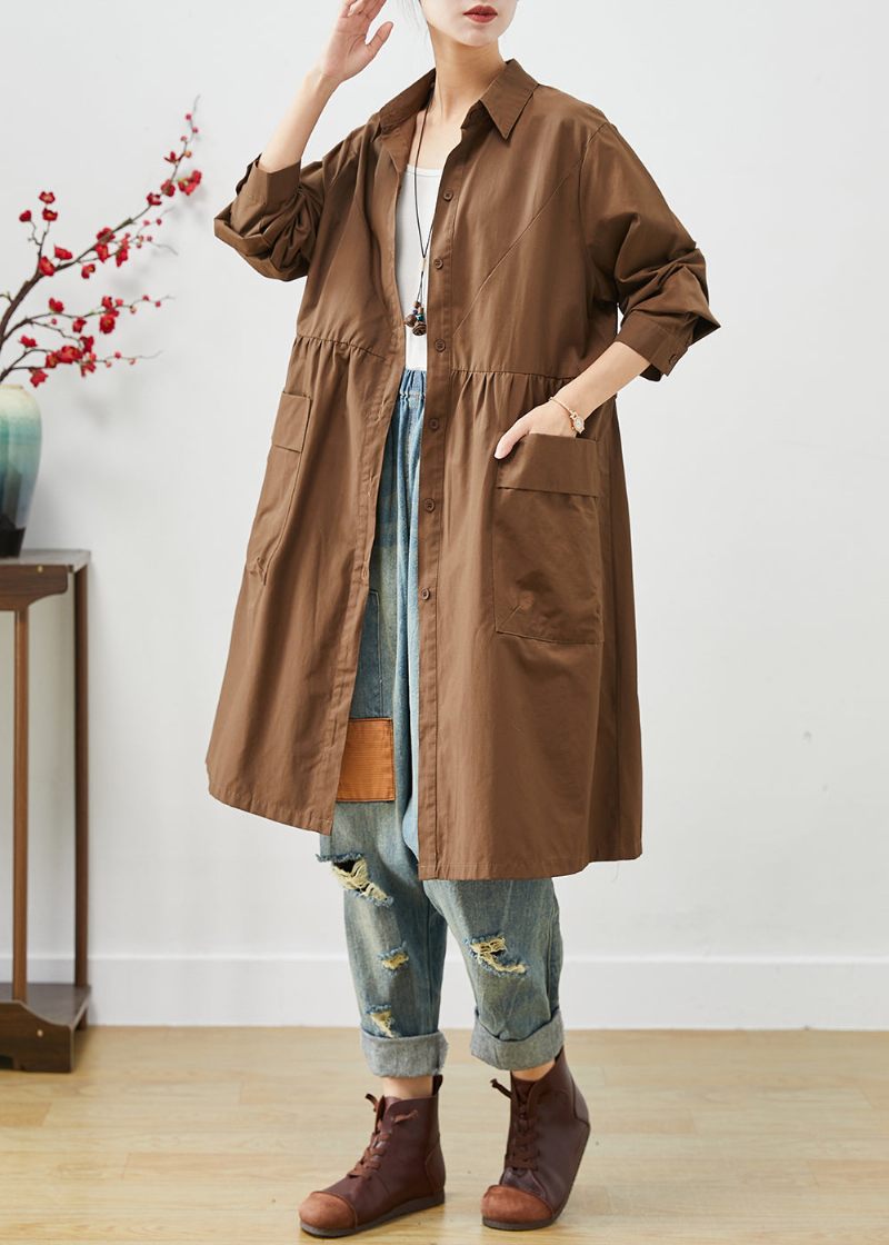 Coffee Patchwork Bomuldsskjortekjole Oversized Pocket Spring - Dame trenchcoats