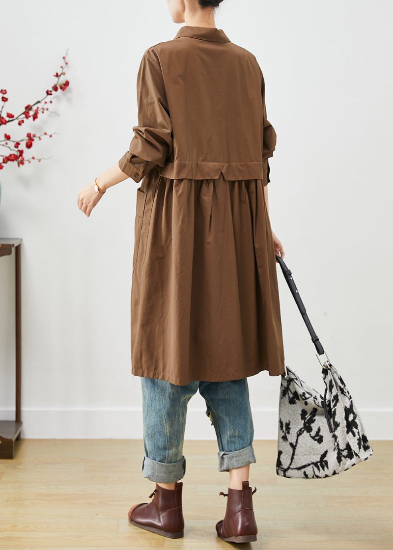 Coffee Patchwork Bomuldsskjortekjole Oversized Pocket Spring - Dame trenchcoats