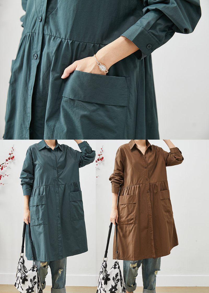 Coffee Patchwork Bomuldsskjortekjole Oversized Pocket Spring - Dame trenchcoats