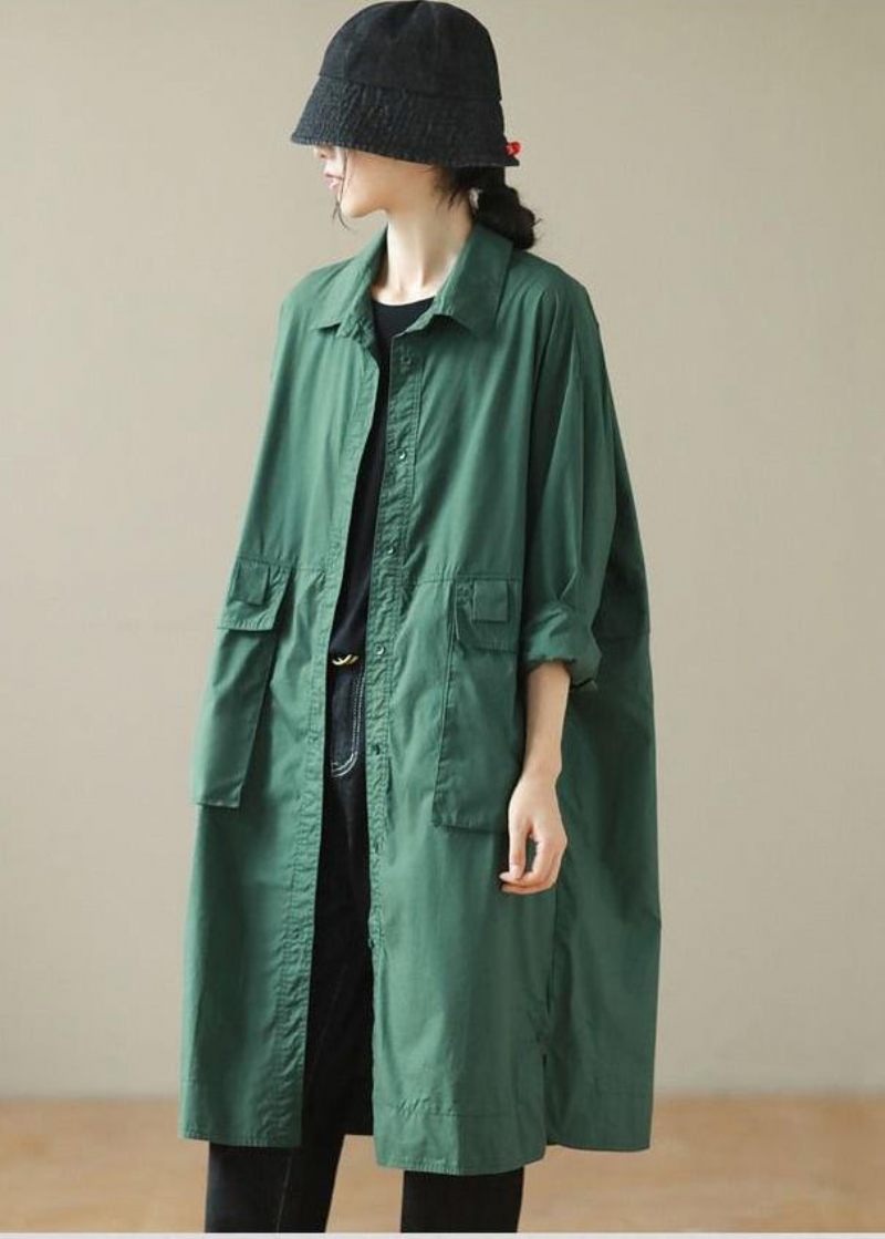 Diy Blackish Green Oversized Lommer Bomuld Trench Coat Fall - Dame trenchcoats