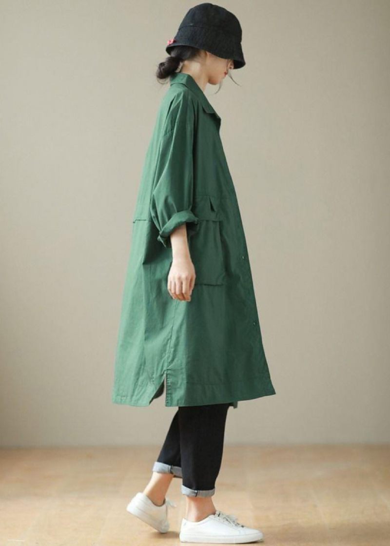Diy Blackish Green Oversized Lommer Bomuld Trench Coat Fall - Dame trenchcoats