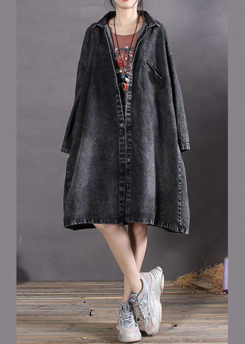 Diy Koksgrå Peter Pan Krave Knap Denim Frakker Forår - Dame trenchcoats