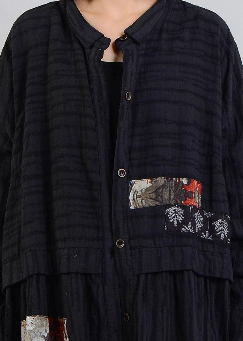 Diy Sort Linned Bomuld Frakke Patchwork Cinched Rober Efterårsfrakke - Dame trenchcoats