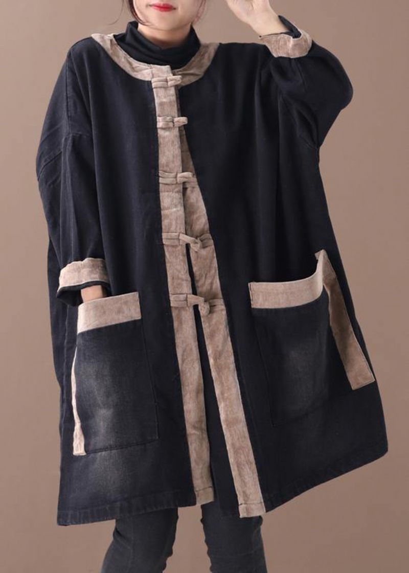 Elegant Kinesisk Knap Med Hætte Modetøj Denim Sort Patchwork Kaki Plus Size Tøjfrakker