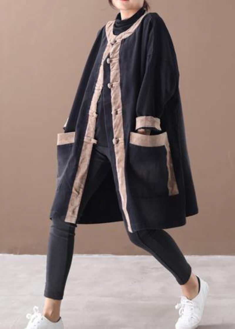 Elegant Kinesisk Knap Med Hætte Modetøj Denim Sort Patchwork Kaki Plus Size Tøjfrakker - Sort