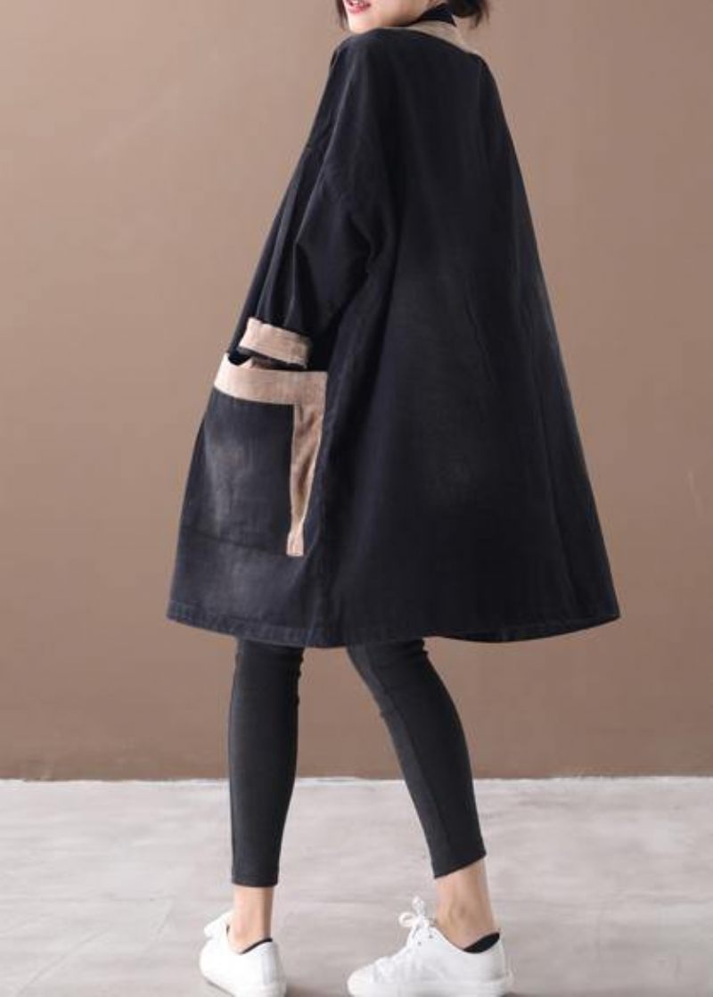 Elegant Kinesisk Knap Med Hætte Modetøj Denim Sort Patchwork Kaki Plus Size Tøjfrakker - Sort