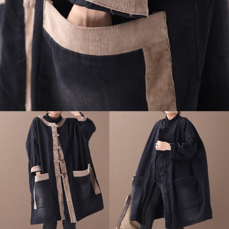 Elegant Kinesisk Knap Med Hætte Modetøj Denim Sort Patchwork Kaki Plus Size Tøjfrakker - Sort