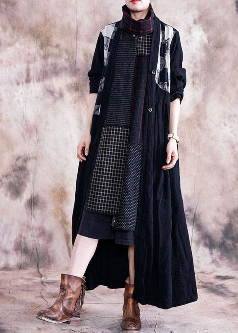 Elegant Sort Print Frakker Plus Size Efterår V-hals Patchwork Frakke - Dame trenchcoats