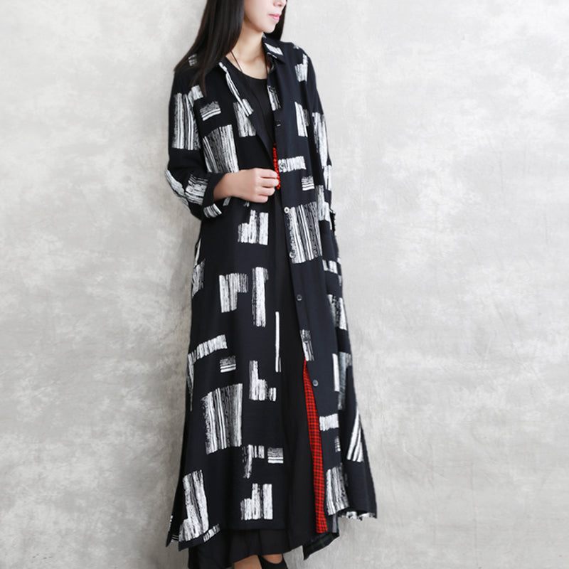Elegant Sort Print Maxi Frakke Oversize Turn-down Krave Bindebånd Talje Lang Vintage Langærmede Lommer Lange Frakker - Dame trenchcoats