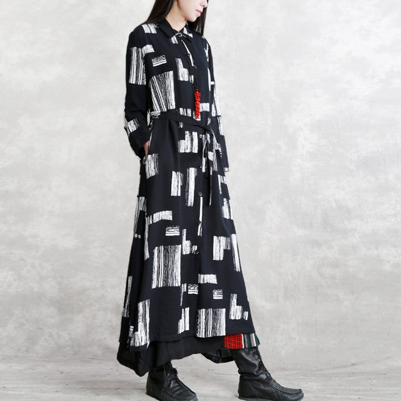 Elegant Sort Print Maxi Frakke Oversize Turn-down Krave Bindebånd Talje Lang Vintage Langærmede Lommer Lange Frakker - Dame trenchcoats