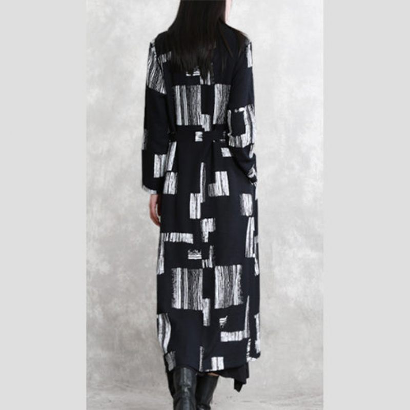 Elegant Sort Print Maxi Frakke Oversize Turn-down Krave Bindebånd Talje Lang Vintage Langærmede Lommer Lange Frakker - Dame trenchcoats