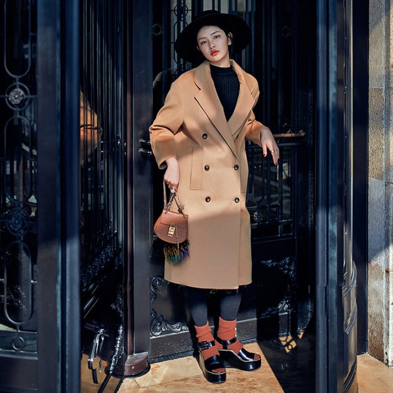 Elegante Kakifrakker Oversize Uldfrakke Med Hakket Mode Dobbeltradet - Dame trenchcoats