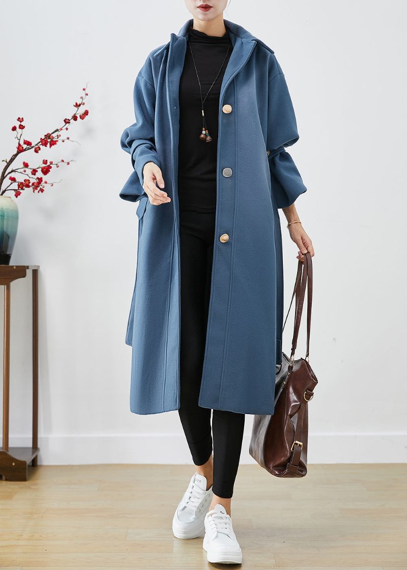 Fashion Blå Grå Peter Pan Krave Tie Talje Ulden Trench Fall - Dame trenchcoats