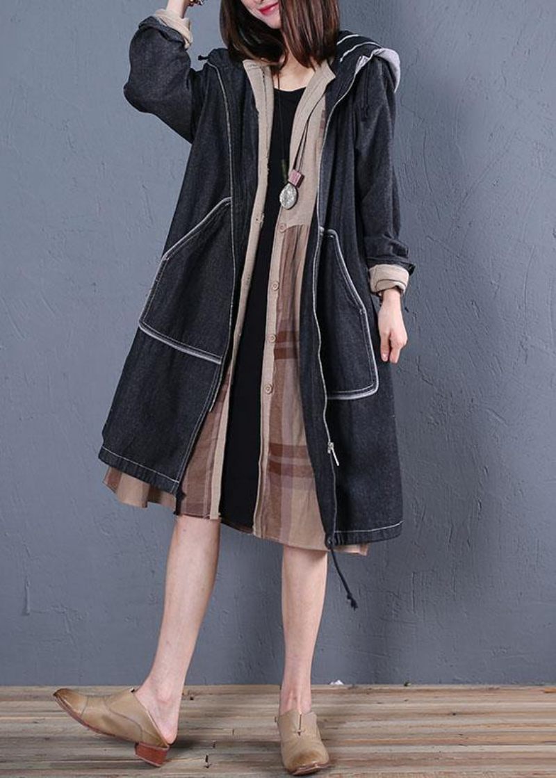 Fashion Plus Size Trenchcoat Efterårssort Hætteoverfrakke