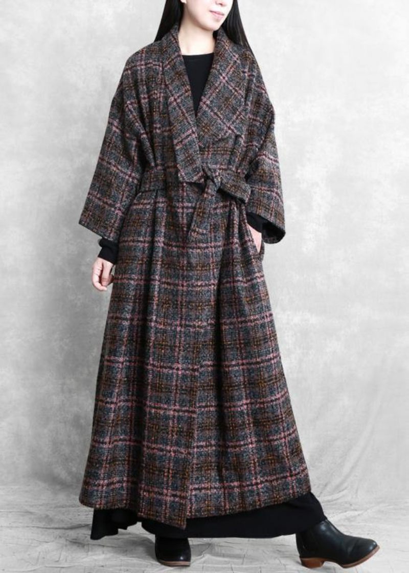 Fashion Trendy Plus Size Kvinder Frakker Grå Plaid Slips Talje Lommer Uld Frakke - Dame trenchcoats