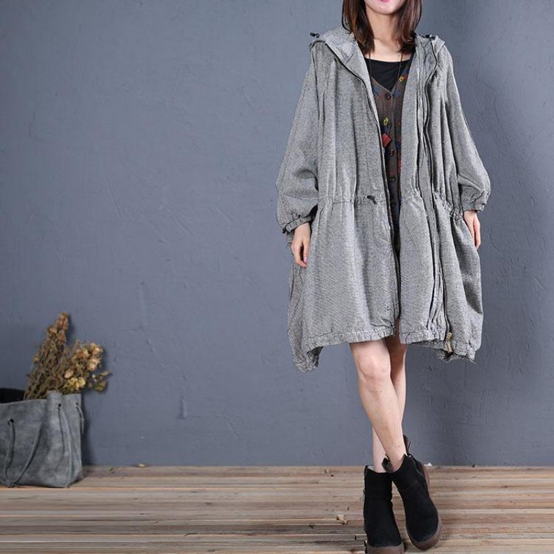 Fin Plus Size Vinterfrakke Efterår Outwear Grå Plaid Hættefrakker