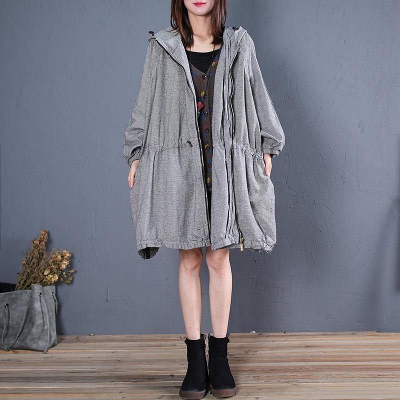 Fin Plus Size Vinterfrakke Efterår Outwear Grå Plaid Hættefrakker - Dame trenchcoats