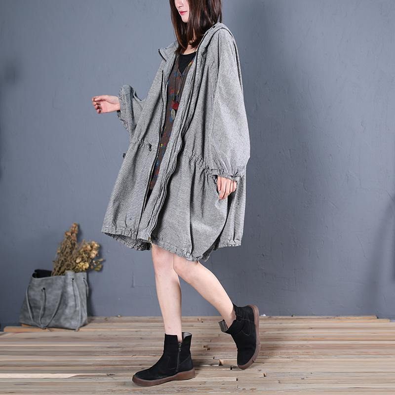 Fin Plus Size Vinterfrakke Efterår Outwear Grå Plaid Hættefrakker - Dame trenchcoats