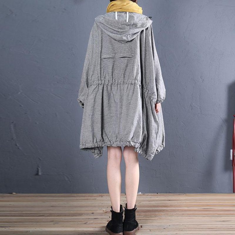 Fin Plus Size Vinterfrakke Efterår Outwear Grå Plaid Hættefrakker - Dame trenchcoats