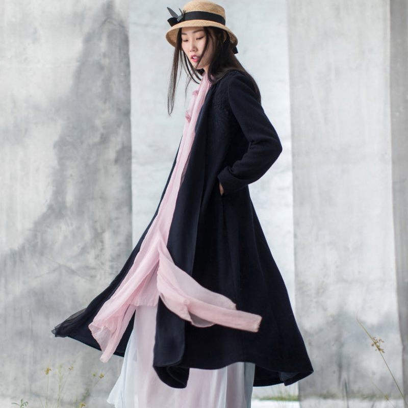 Fine Marineblå Uldfrakker Plus Size Vinterfrakke Langærmede Jakker - Dame trenchcoats