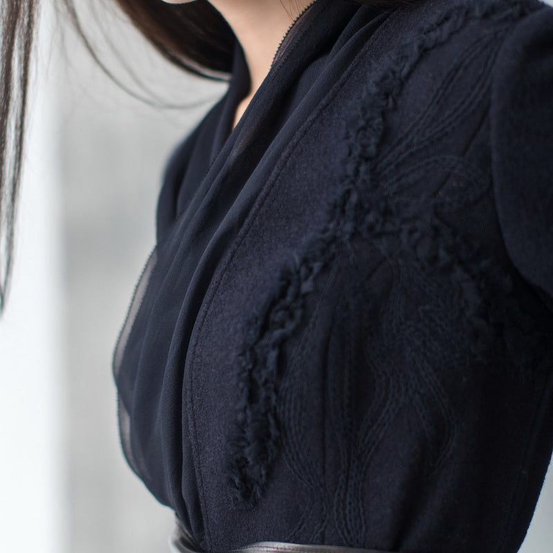 Fine Marineblå Uldfrakker Plus Size Vinterfrakke Langærmede Jakker - Dame trenchcoats