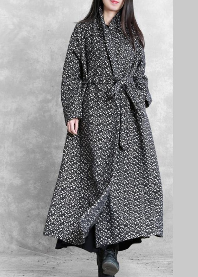 Fine Oversize Lange Jakker Outwear Sort Plaid V-hals Binde Talje Uld Frakke - Dame trenchcoats