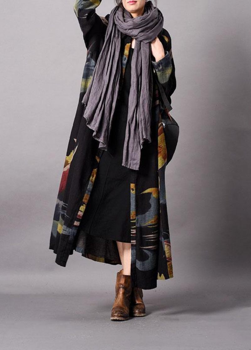 Fint Blåt Print Plus Size Tøj Langt Efterår Revers Button Down Frakke