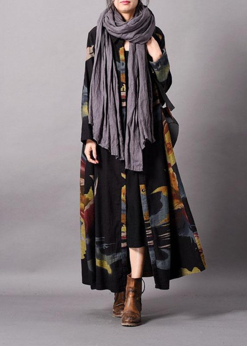 Fint Blåt Print Plus Size Tøj Langt Efterår Revers Button Down Frakke - Grå Sort