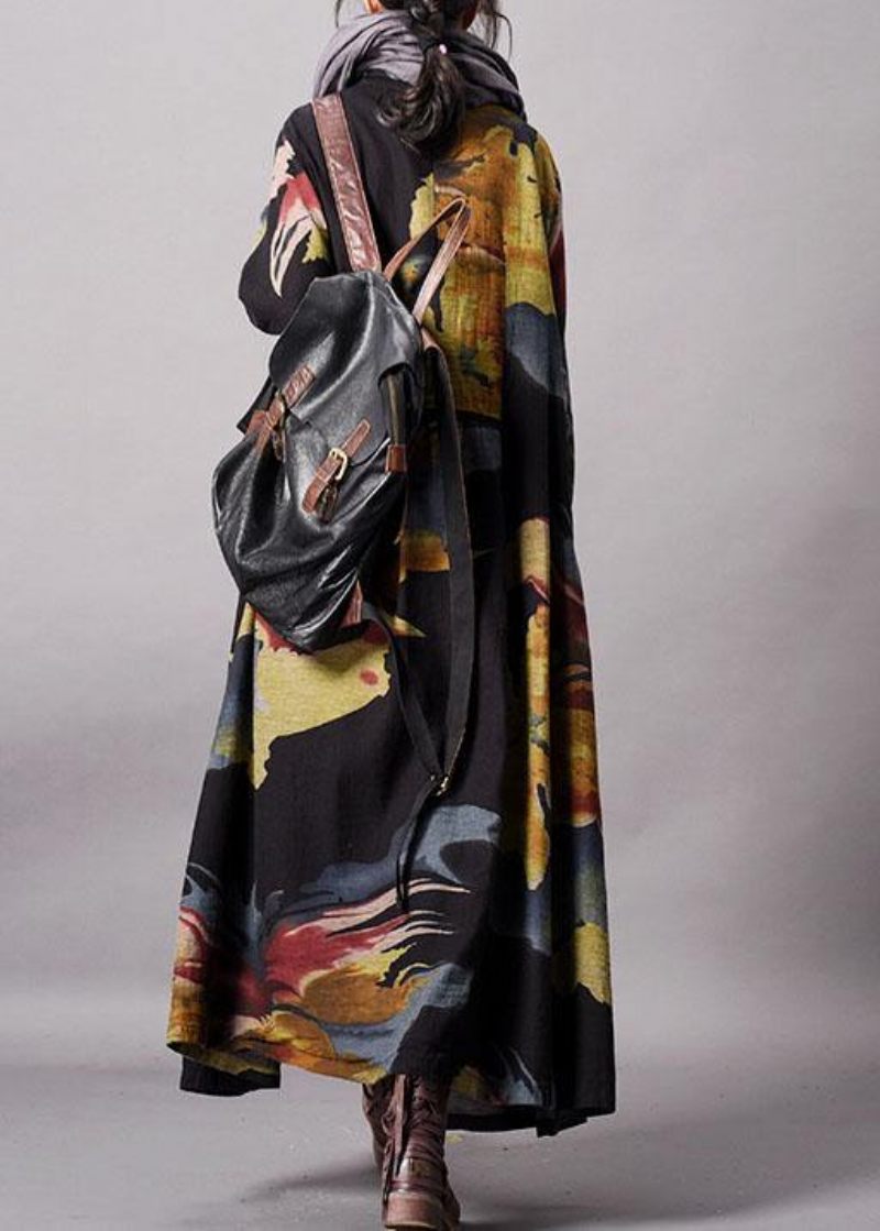 Fint Blåt Print Plus Size Tøj Langt Efterår Revers Button Down Frakke - Grå Sort