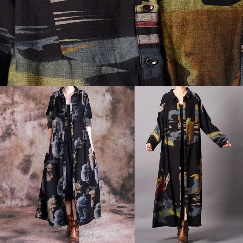 Fint Blåt Print Plus Size Tøj Langt Efterår Revers Button Down Frakke - Grå Sort