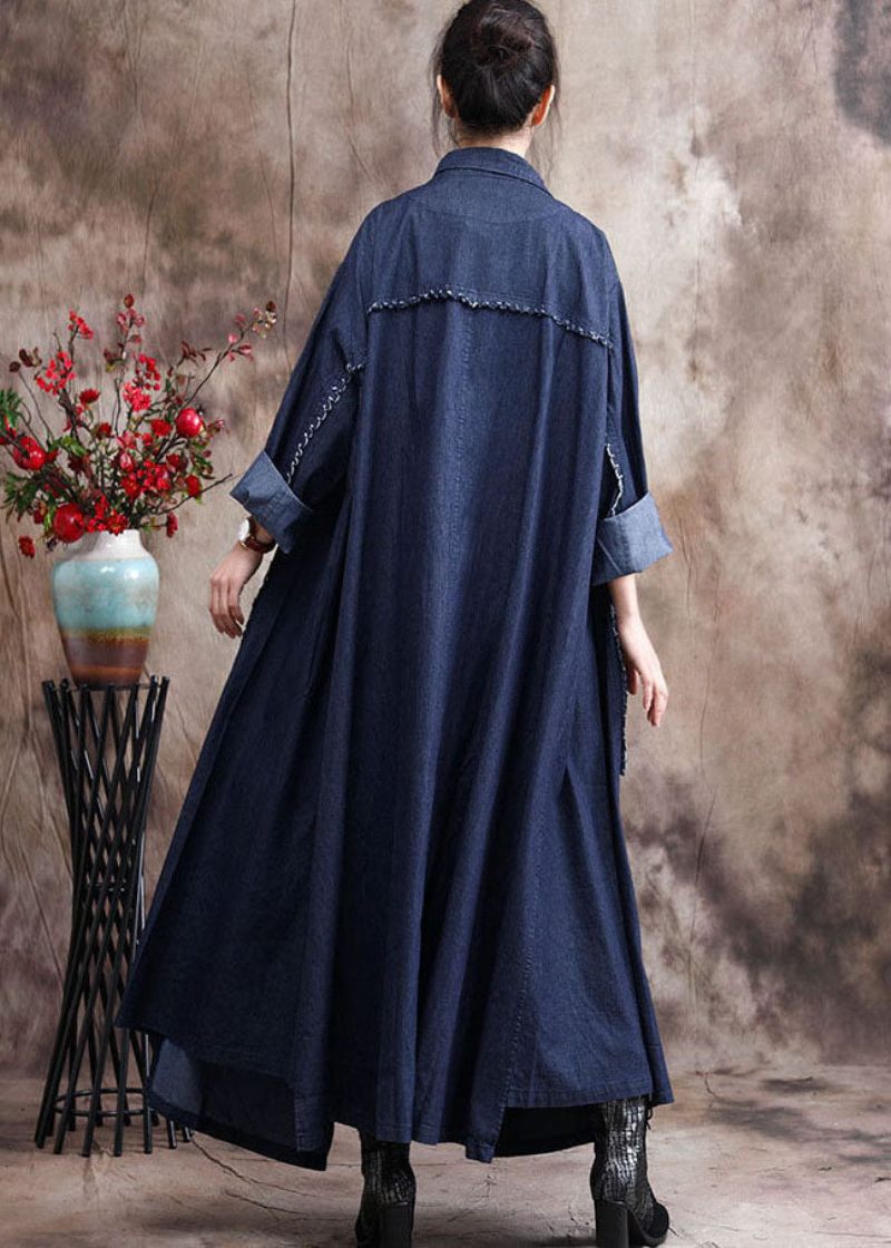 Fransk Denim Blå Peter Pan Krave Patchwork Kvast Bomuld Trench Coats Lange Ærmer - Dame trenchcoats