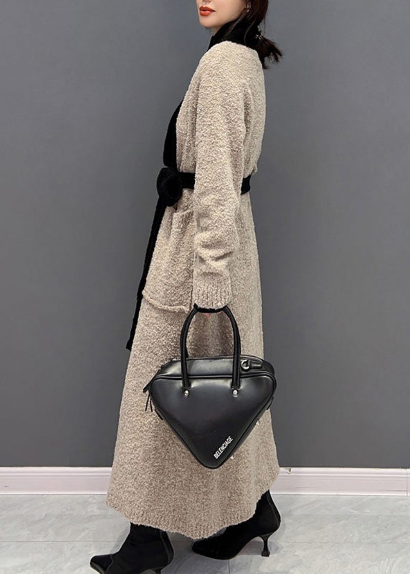 Fransk Khaki V-hals Patchwork Tie Talje Strik Trench Coats Vinter - Dame trenchcoats