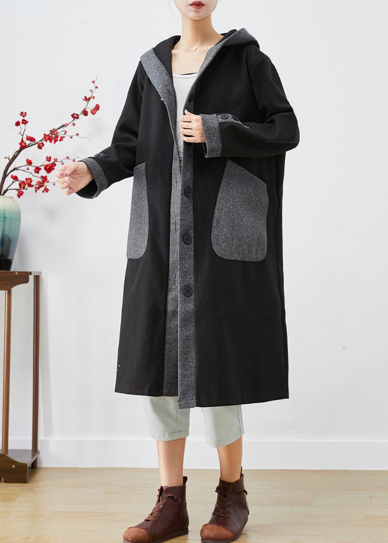 Fransk Sort Hætte Patchwork Lommer Ulden Frakke Outwear Efterår - Dame trenchcoats