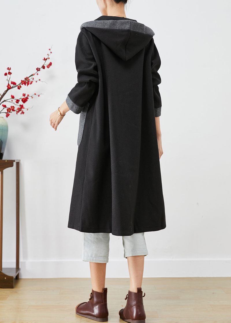 Fransk Sort Hætte Patchwork Lommer Ulden Frakke Outwear Efterår - Dame trenchcoats