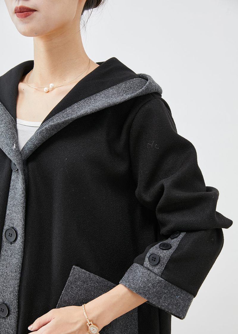 Fransk Sort Hætte Patchwork Lommer Ulden Frakke Outwear Efterår - Dame trenchcoats