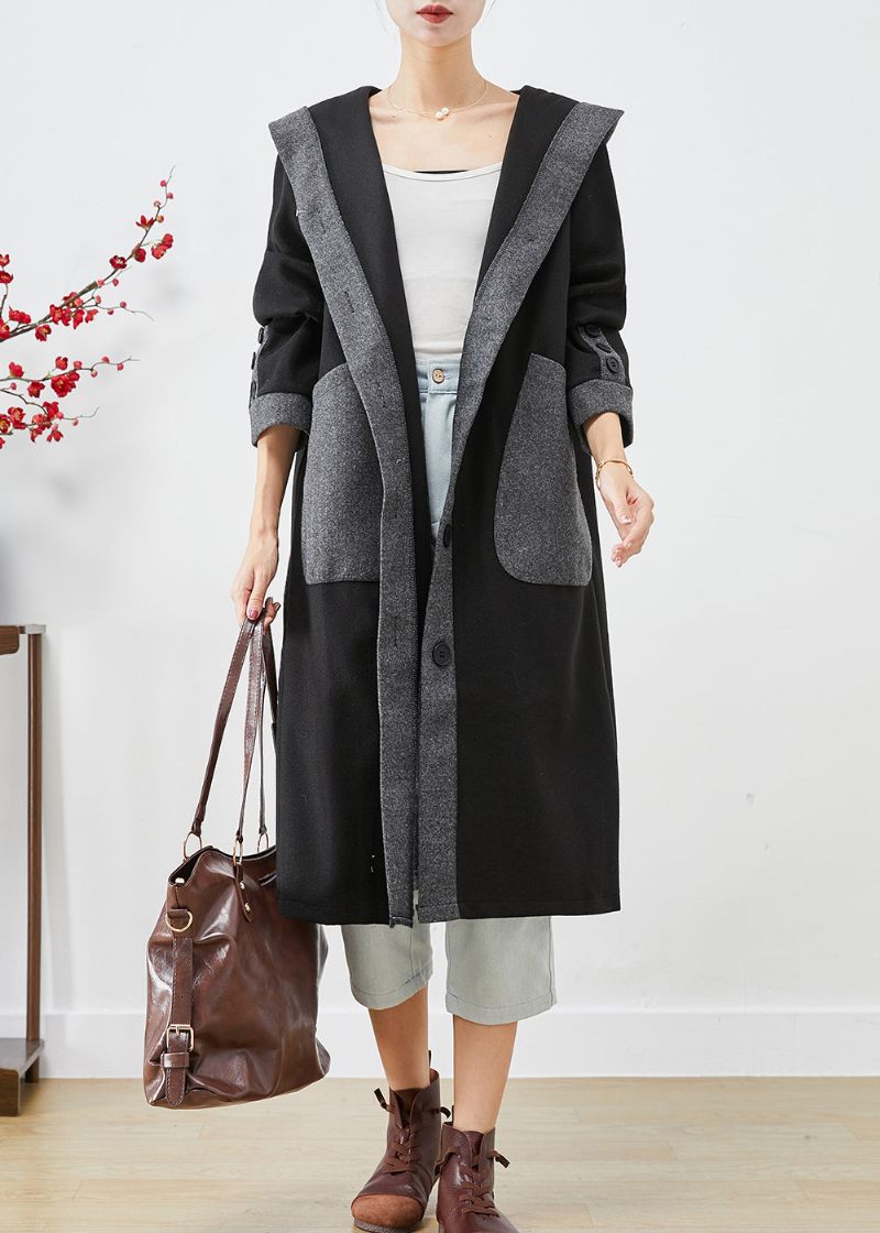 Fransk Sort Hætte Patchwork Lommer Ulden Frakke Outwear Efterår - Dame trenchcoats