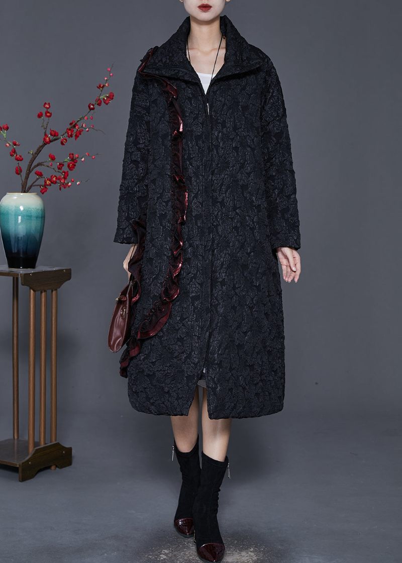 Fransk Sort Rynset Patchwork Jacquard Fint Bomuldsfyldt Trenchfjeder - Dame trenchcoats