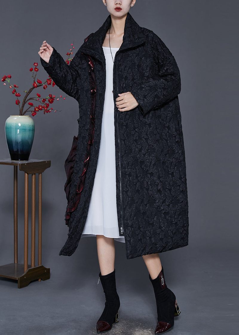Fransk Sort Rynset Patchwork Jacquard Fint Bomuldsfyldt Trenchfjeder - Dame trenchcoats