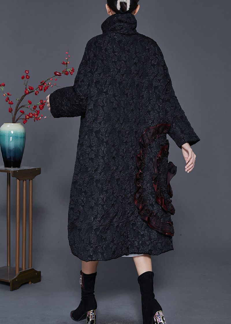 Fransk Sort Rynset Patchwork Jacquard Fint Bomuldsfyldt Trenchfjeder - Dame trenchcoats