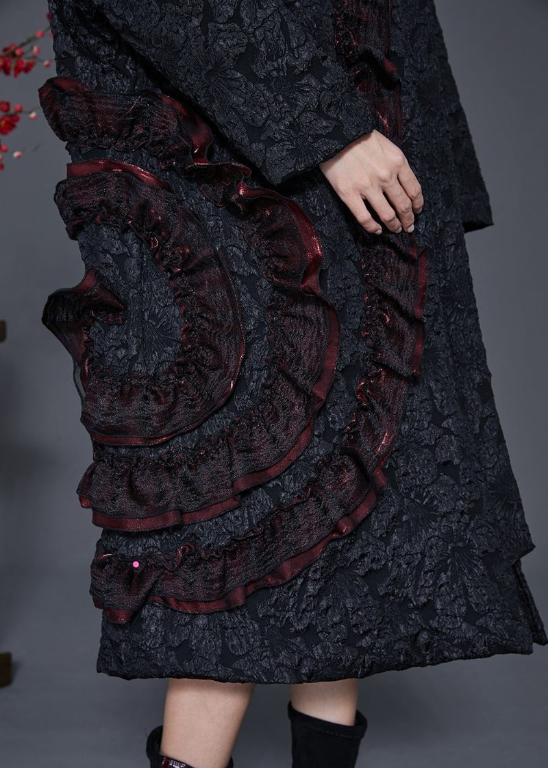 Fransk Sort Rynset Patchwork Jacquard Fint Bomuldsfyldt Trenchfjeder - Dame trenchcoats