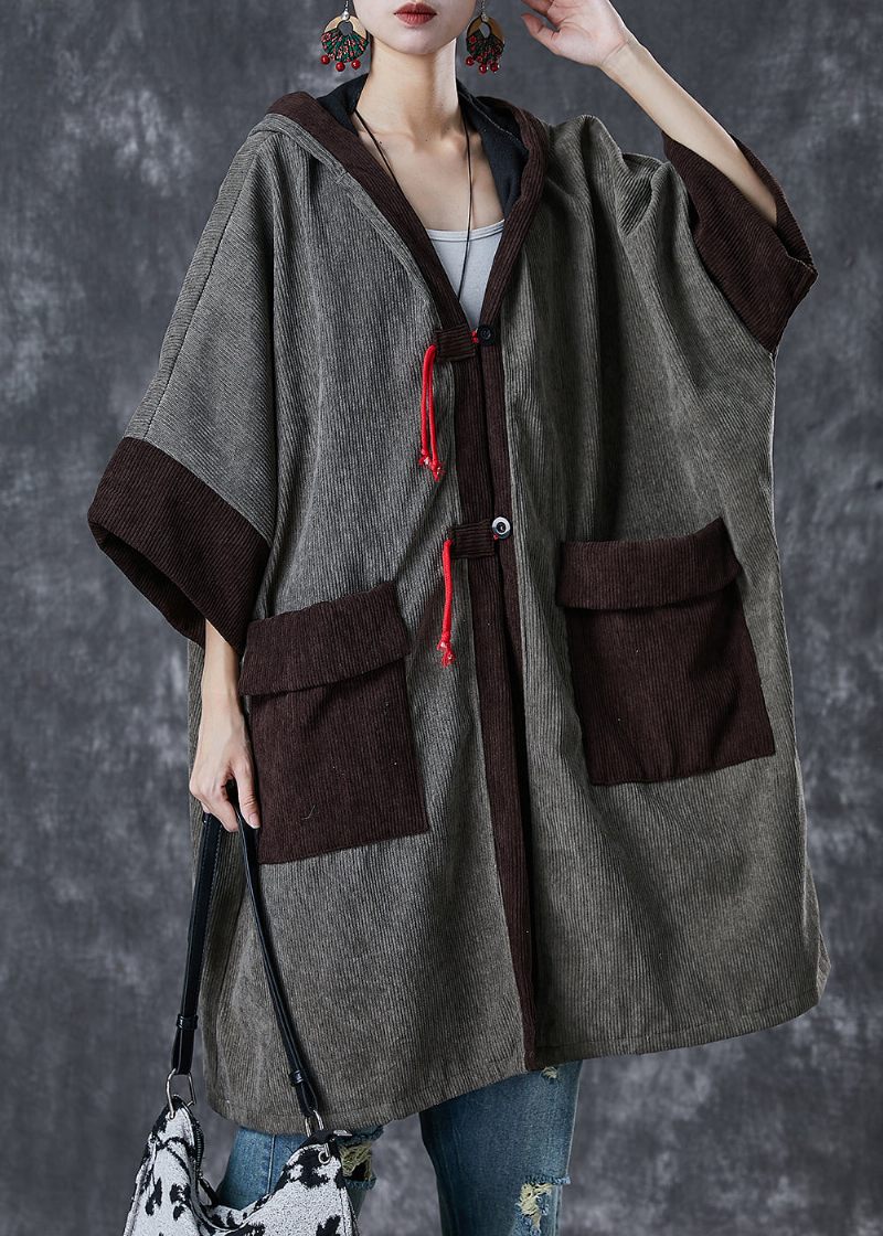Grå Patchwork Varm Fleece Corduroy Trench Hættelommer Fjeder
