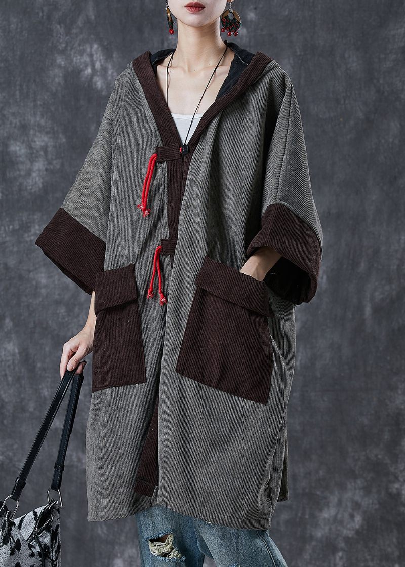 Grå Patchwork Varm Fleece Corduroy Trench Hættelommer Fjeder - Dame trenchcoats