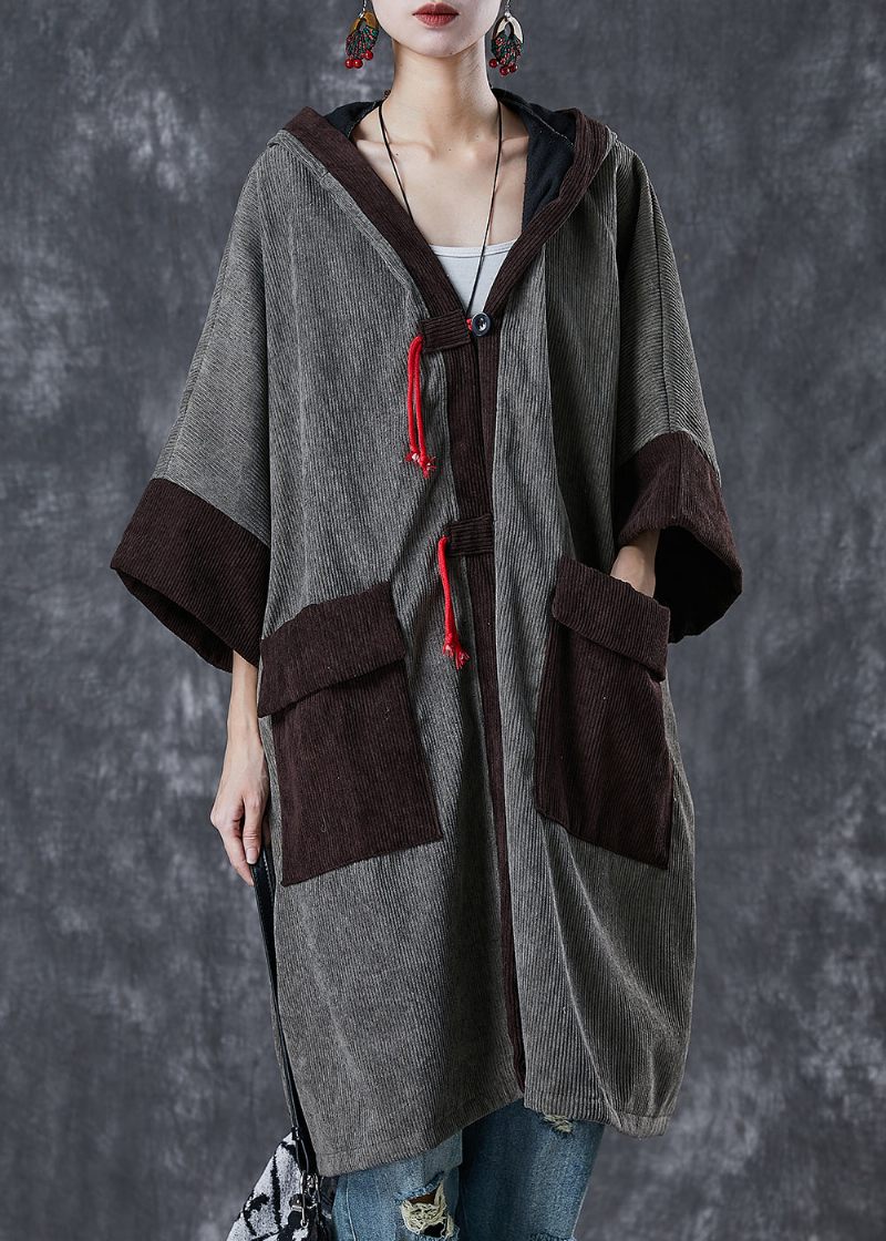 Grå Patchwork Varm Fleece Corduroy Trench Hættelommer Fjeder - Dame trenchcoats