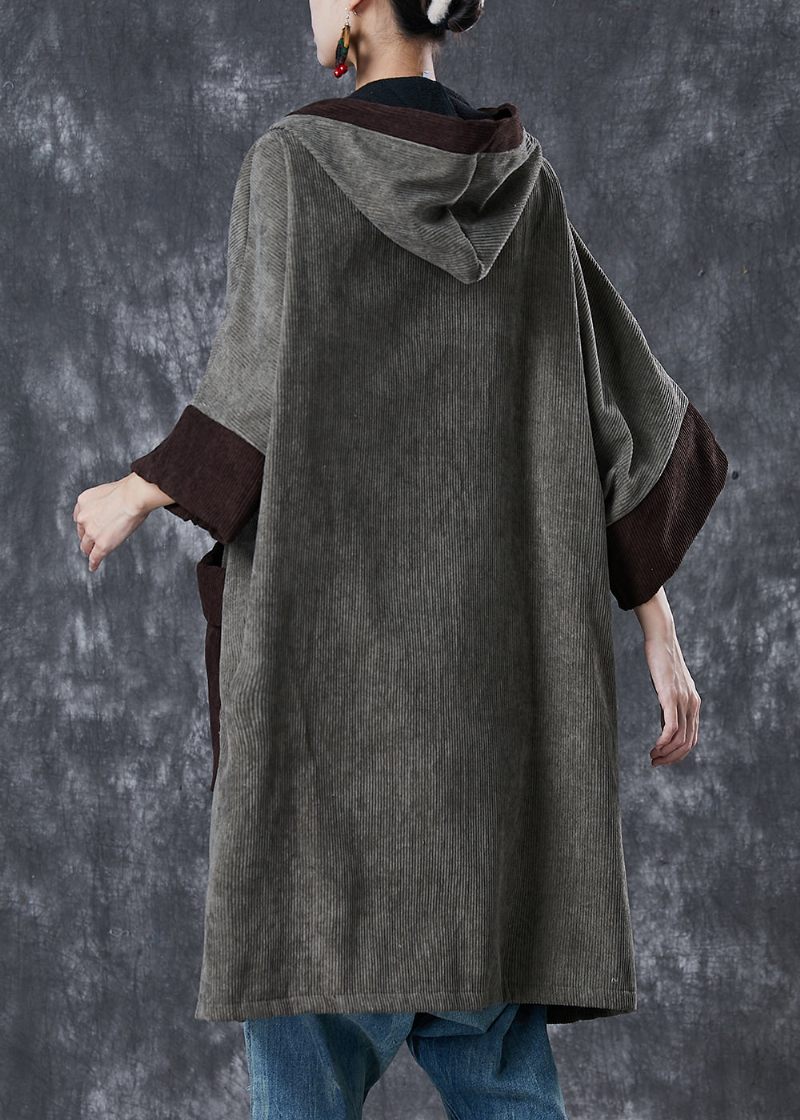 Grå Patchwork Varm Fleece Corduroy Trench Hættelommer Fjeder - Dame trenchcoats